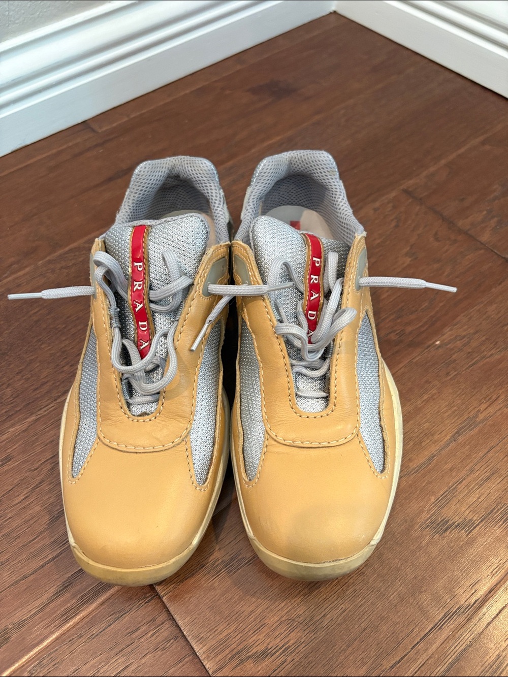 Prada Tan Leather & Gray Mesh Sneakers with Red Logo Pull